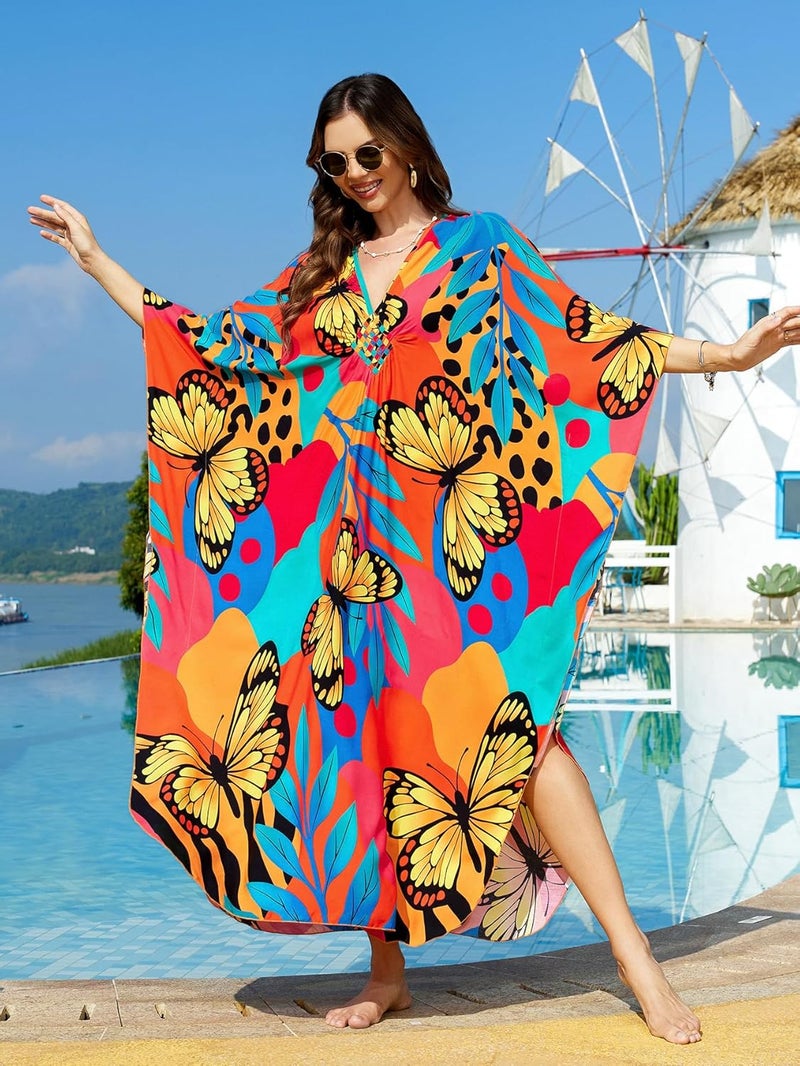 IMAGEKOPE Women's Plus Size Animal Print V-Neck Batwing Kaftan Beach Dress Bathing Suit Cover-Up Loungewear - Image 3